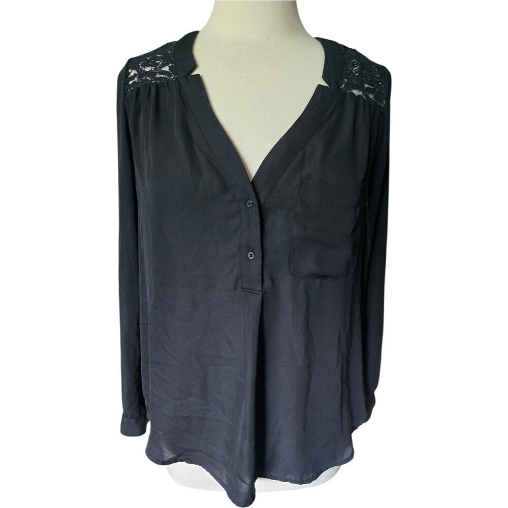 Candie's Black Lace Trim V-Neck Blouse Long Sleeve - XL